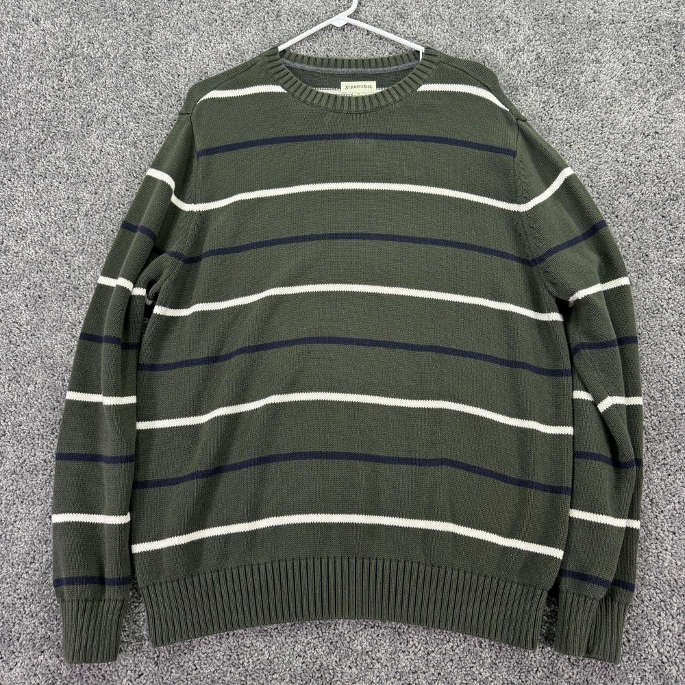 St. Johns Bay Sweater Mens Large Green Striped Knit Long Sleeve Pullover Casual